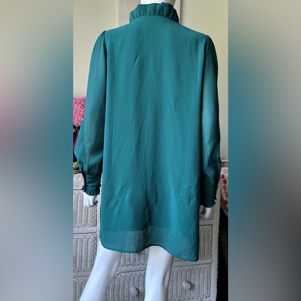Sezane Rita Mini Dress Ruffled Pleated Oversized Emerald Green EU Size 40 = US 8 - Picture 4 of 11